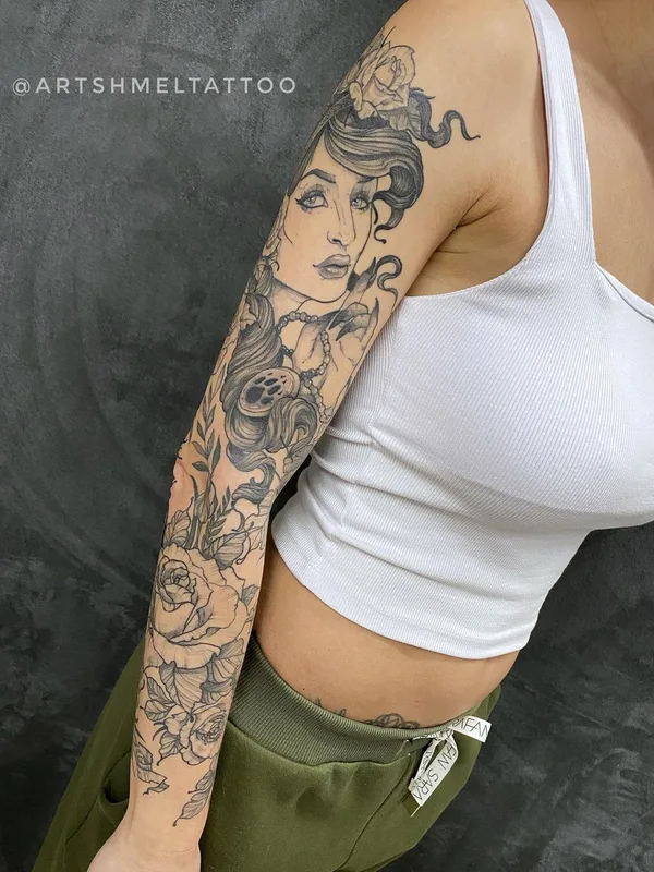 female black and grey black and grey татуировка на full sleeve #45143 | Тату мастер Ирина Артшмель