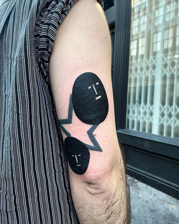 Blackwork Face, Star tattoo on Forearm