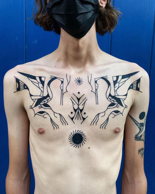 Geometric Birds, Geometric shapes tattoo on Chest