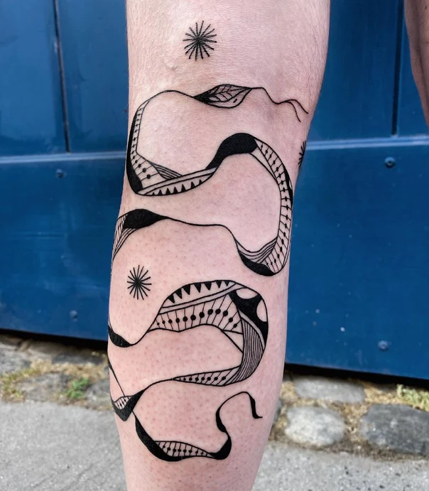 Linework Snake, Stars tattoo on Calf