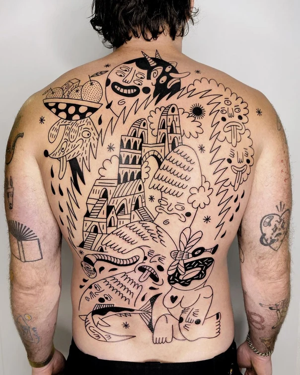 Sketch Faces, Buildings tattoo on Full Back