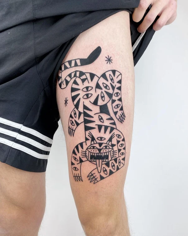 Blackwork Tiger, Eyes tattoo on Thigh