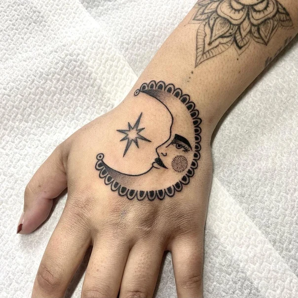 Linework Moon, Star tattoo on Back of Hand