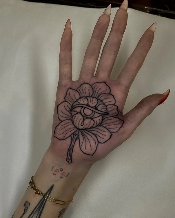 Linework Flower, Eye tattoo on Palm