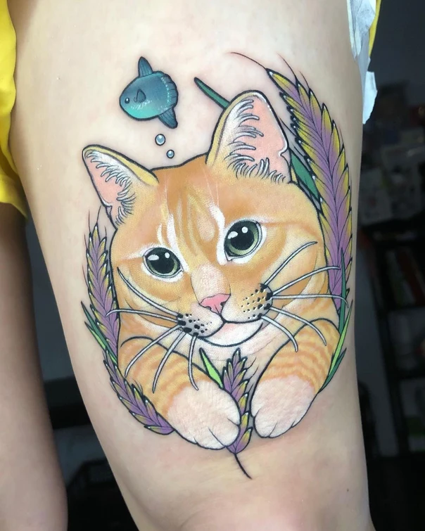 Illustrative Cat, Fish tattoo on Thigh