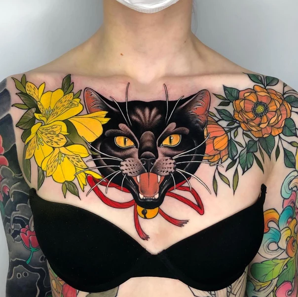 Neo Traditional Cat, Flowers tattoo on Chest