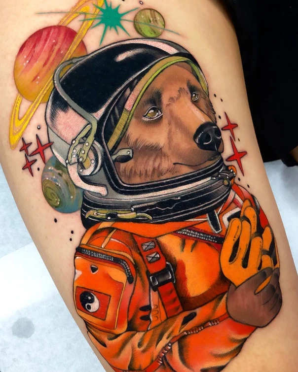 Illustrative Bear, Astronaut tattoo on Thigh