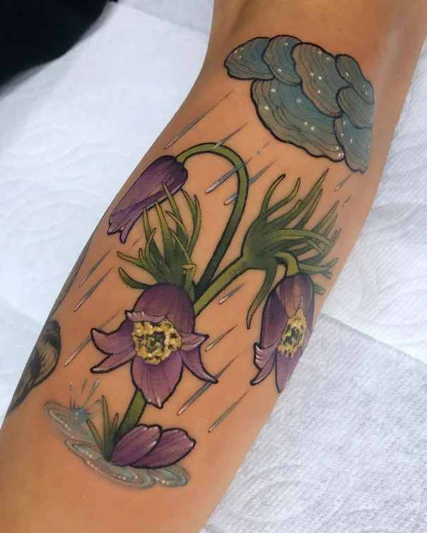 Botanic Flower, Rain tattoo on Forearm