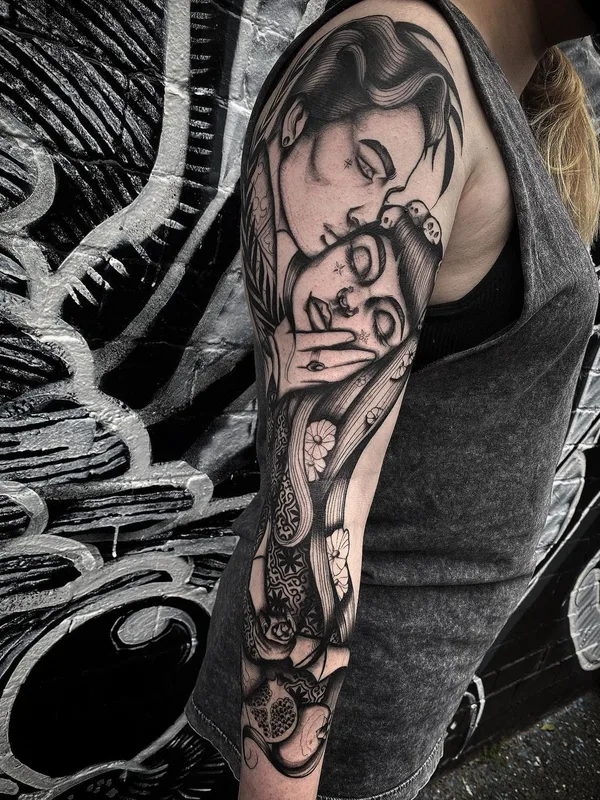 female black and grey blackwork татуировка на full sleeve #45284 | Тату мастер Xia