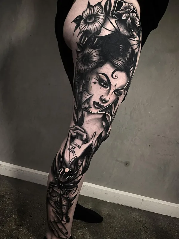 female black and grey black and grey татуировка на full leg #45283 | Тату мастер Xia