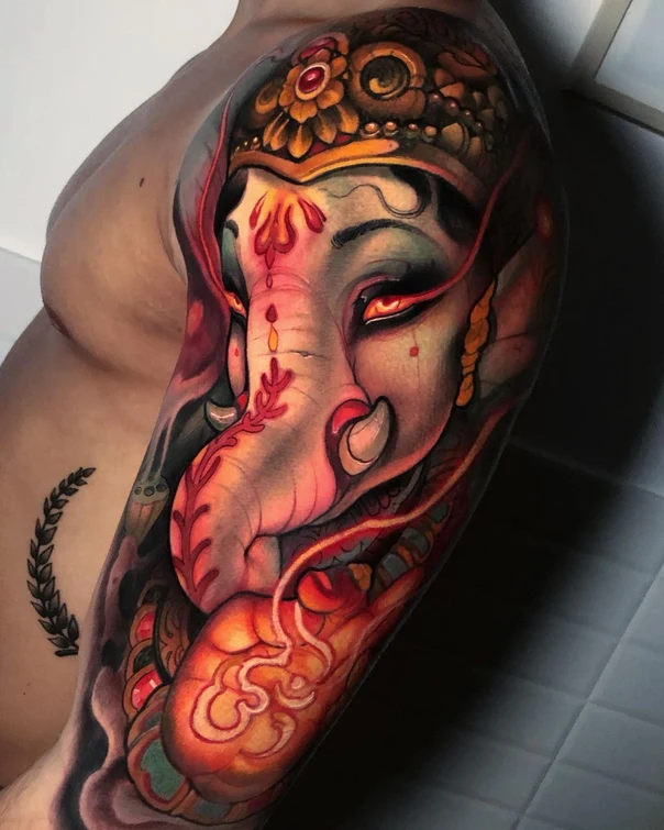 Realism Ganesha, Religious tattoo on Full Sleeve