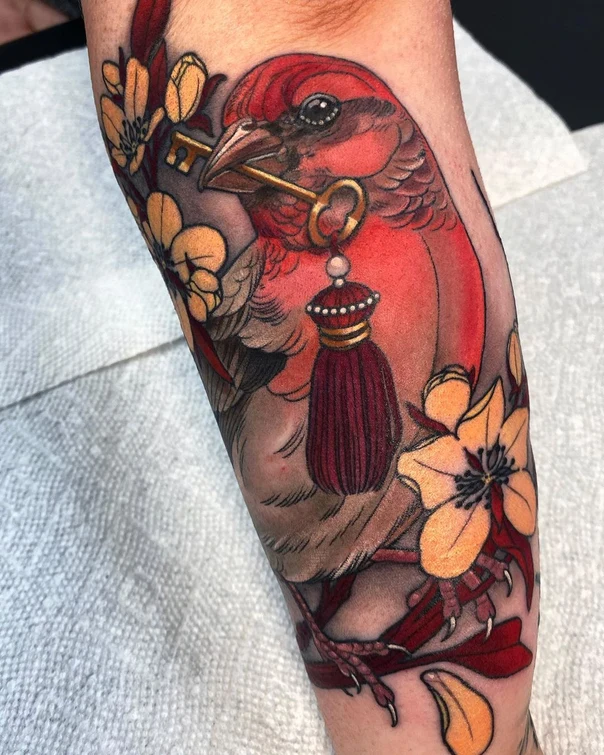 Neo Traditional Bird, Key tattoo on Forearm