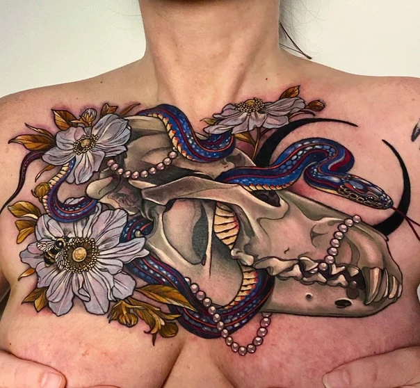 Illustrative Skull, Snake tattoo on Chest