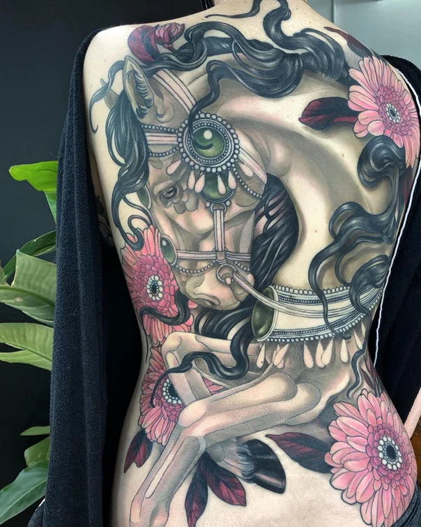 Realism Horse, Flowers tattoo on Full Back