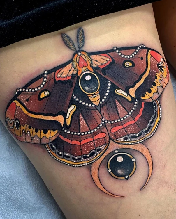 Neo Traditional Moth, Eye tattoo on Thigh