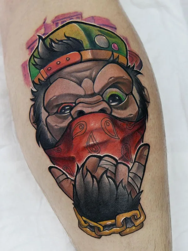 color new school tattoo on calf #45428 | Tattoo Artist Всеволод Злая Собака