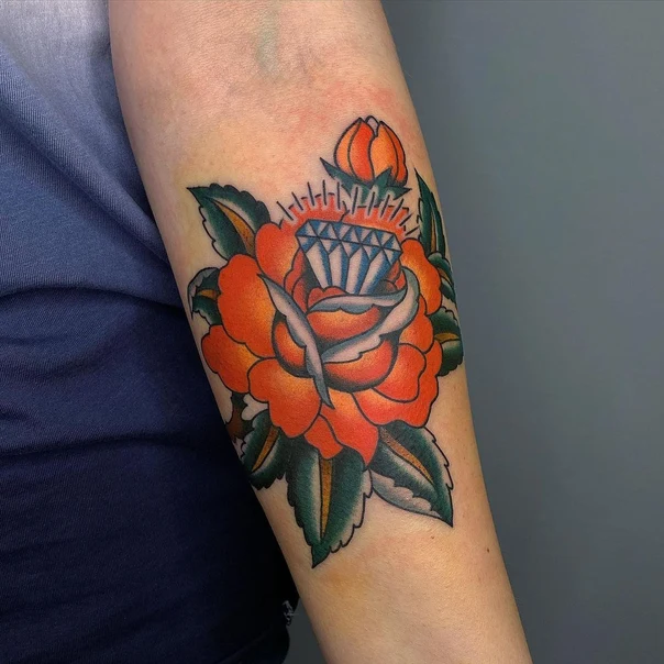 Traditional Rose, Diamond tattoo on Forearm