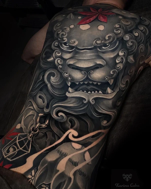 Японская Lion, Guardian tattoo на Спина (полная)