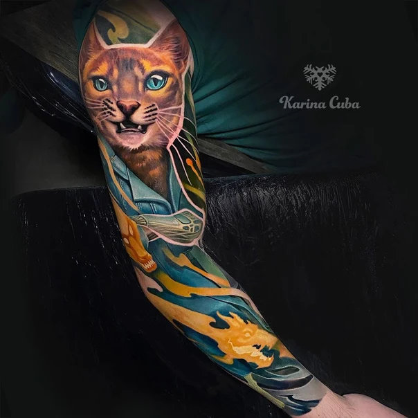Реализм Cat, Dragon tattoo на Полный рукав