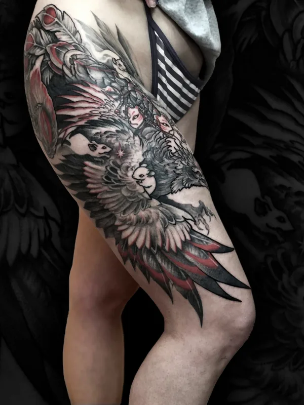 female black and grey illustrative Tatuaggio su thigh #45594 | Tatuatore L.E.A.ink Lomova Ekaterina