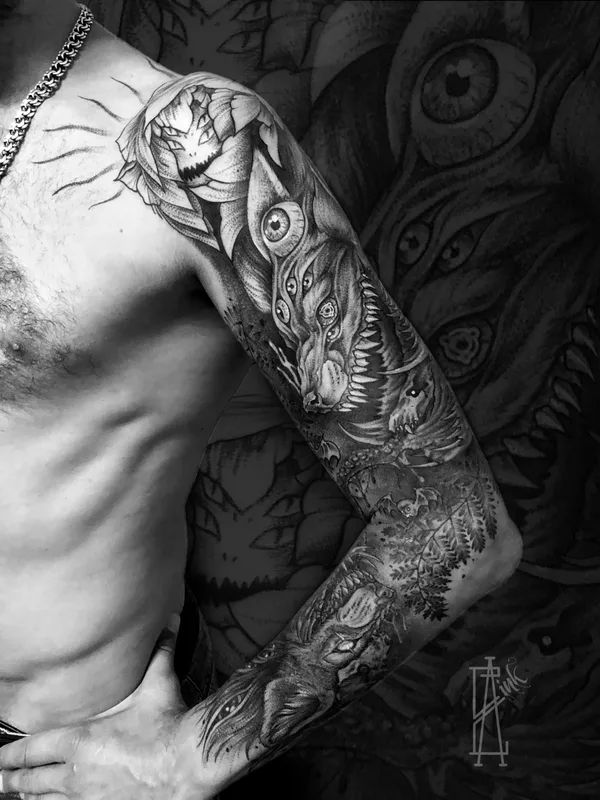 male black and grey blackwork Tatuaggio su full sleeve #45590 | Tatuatore L.E.A.ink Lomova Ekaterina