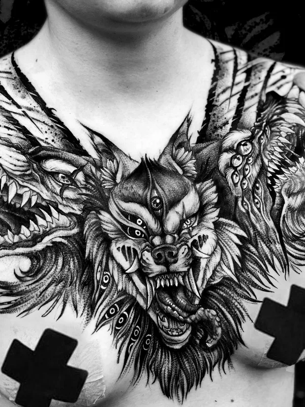 black and grey blackwork Tatuaggio su chest #45597 | Tatuatore L.E.A.ink Lomova Ekaterina