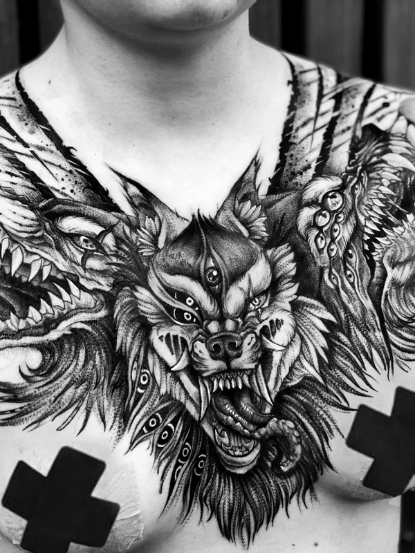 black and grey blackwork Tatuaggio su chest #45599 | Tatuatore L.E.A.ink Lomova Ekaterina