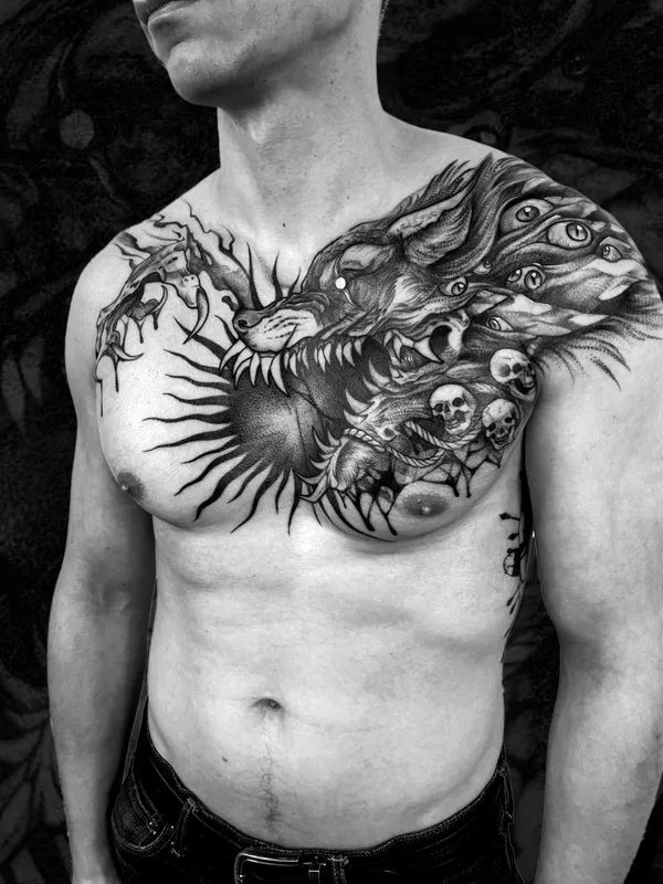 male black and grey blackwork Tatuaggio su chest #45592 | Tatuatore L.E.A.ink Lomova Ekaterina