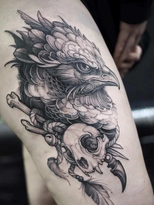 black and grey blackwork 纹身 在 thigh #45668 | 纹身师 Sasha Tabuns