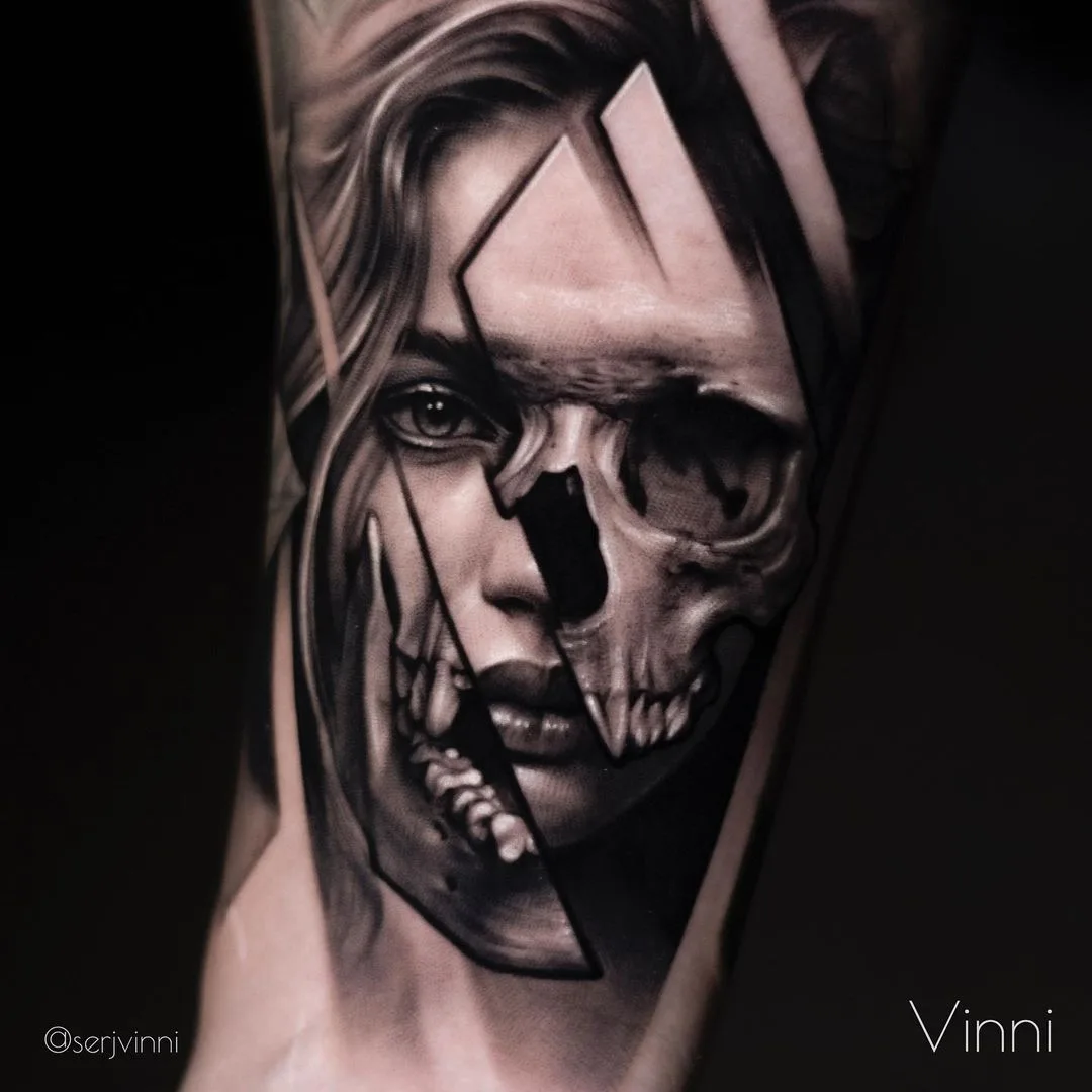 A tattoo depicting a woman's face merging with a skull, creating a surreal and thought-provoking half-and-half composition.