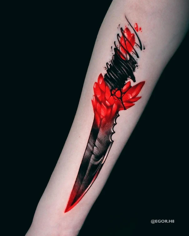Trash Polka Knife tattoo on Forearm