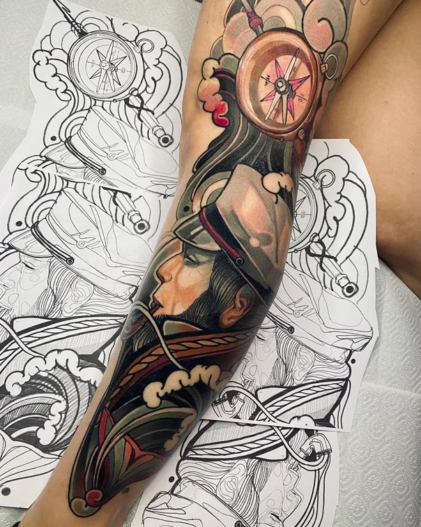 Нео-традиционная Compass, Portrait tattoo на Предплечье