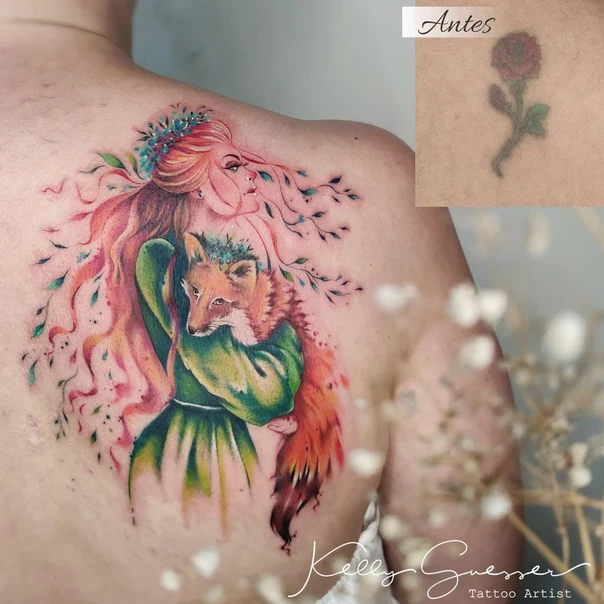Watercolor Woman, Fox tattoo on Shoulder Blade