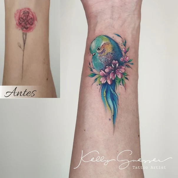 Watercolor Bird, Flowers tattoo on Forearm