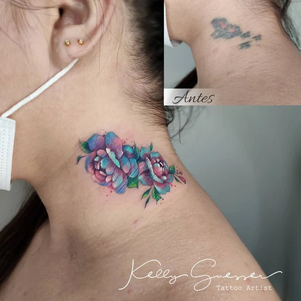 Watercolor Flowers, Leaves tattoo on Neck