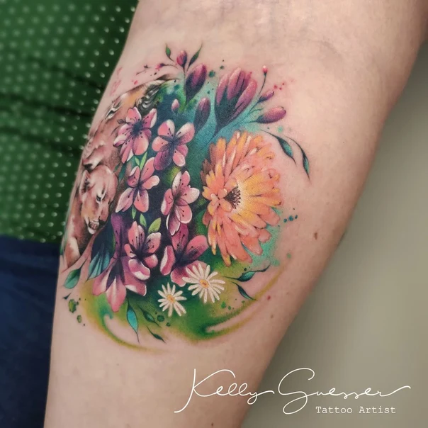Watercolor Flowers, Lion tattoo on Forearm