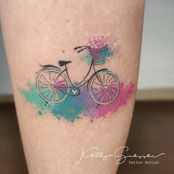 Watercolor Bicycle, Flowers tattoo on Calf