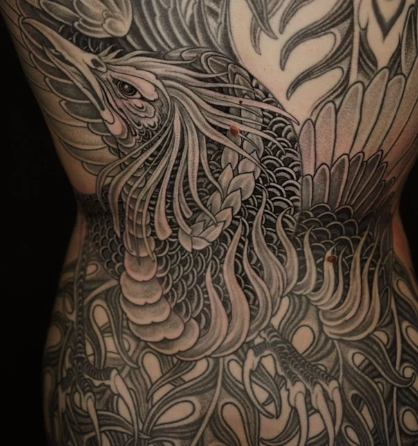 Японская Phoenix, Floral tattoo на Спина (полная)