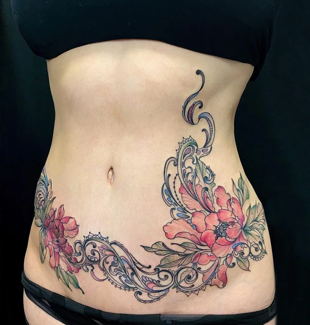 Орнаментальная Flower, Floral tattoo на Живот