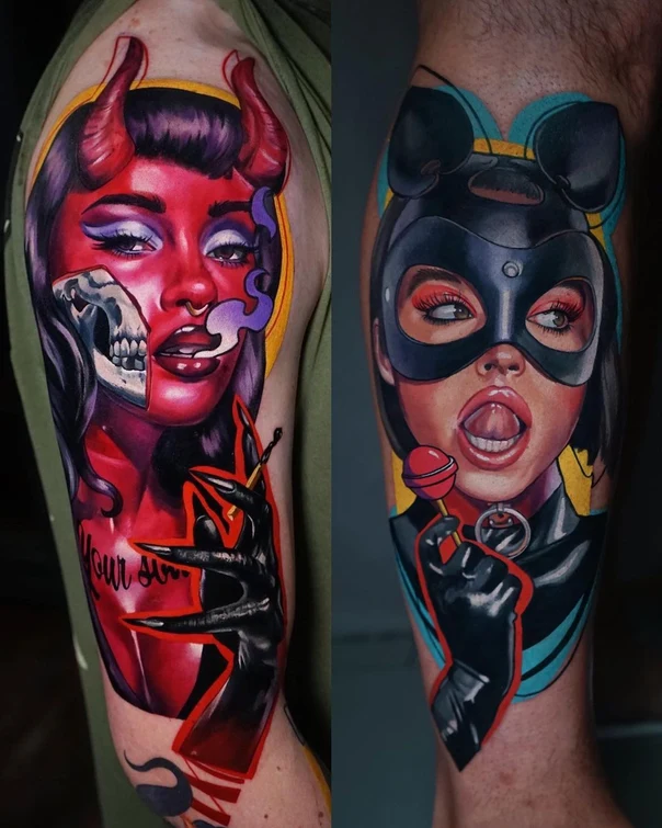Реализм Devil, Catwoman tattoo на Полный рукав