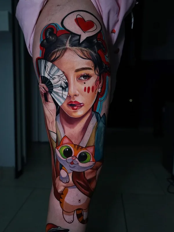 female color illustrative tatouage sur thigh #45918 | Artiste tatoueur Дарья Пироженко