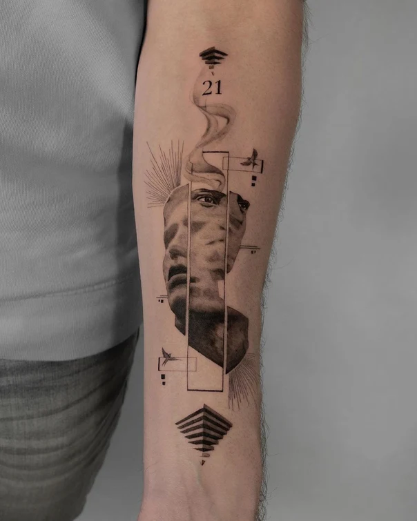 Blackwork Face, Geometric tattoo on Forearm