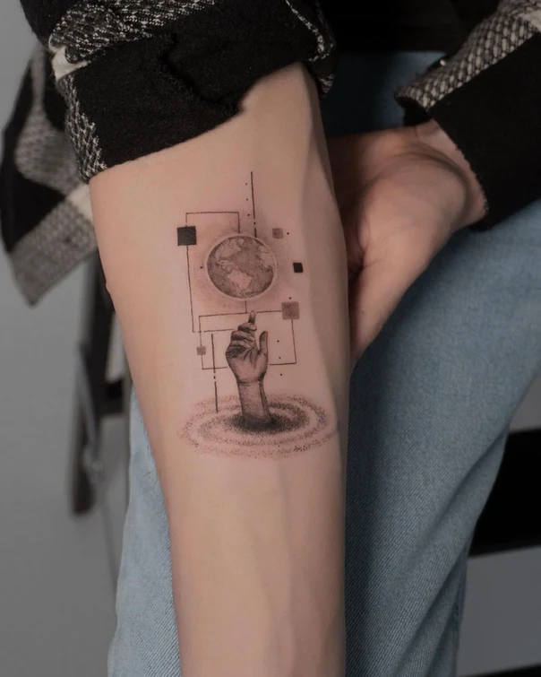 Geometric Hand, Earth tattoo on Forearm