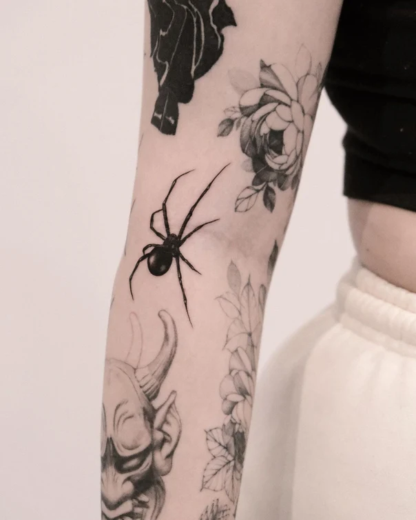 Blackwork Spider, Flower tattoo on Forearm