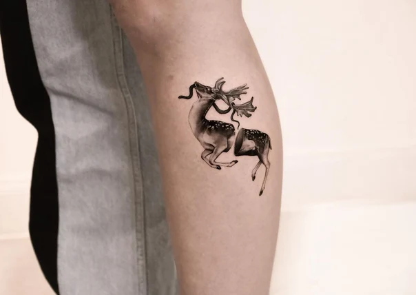 Black & Grey Deer, Animal tattoo on Calf