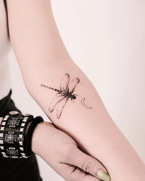 Fineline Dragonfly, Moon tattoo on Forearm