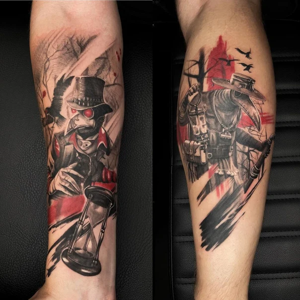 Трэш-полька Plague doctor, Hourglass tattoo на Предплечье