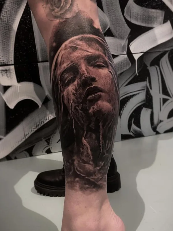 black and grey realism tattoo auf calf #46012 | Tätowierer Микаэл