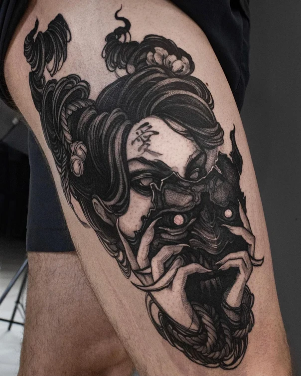 Blackwork Geisha, Mask tattoo on Thigh