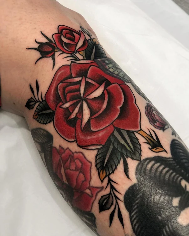 Traditional Rose, Arrow tattoo on Calf
